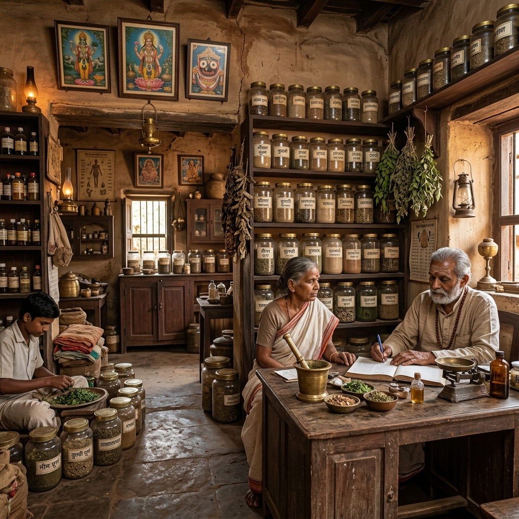 Ayurvedic herbs, mortar and pestle at Mahalaxmi Ayurvedic Ausadhalaya